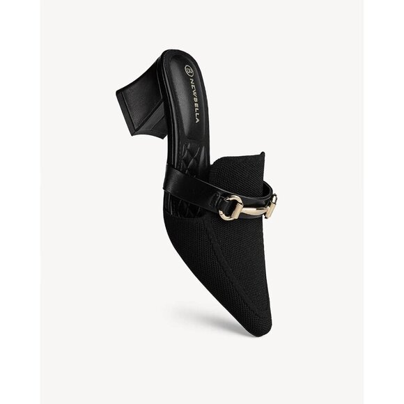 🆕Mousse Fit Black Mesh Knit Mules Women’s Pointed Toe Block Heel Slip-On Slides - Picture 2 of 5